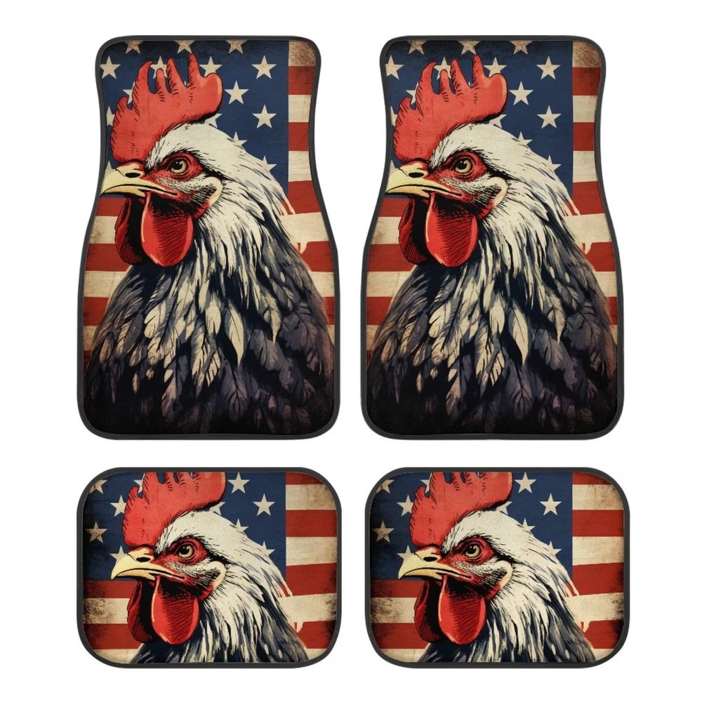 Set of 4 Anti-Slip Retro Universal Fit Car Floor Mats Protector for SUV Truck Sedans American Flag Cock Car Floor Mats for Man Women Anti Stain Decorate Auto Carpet