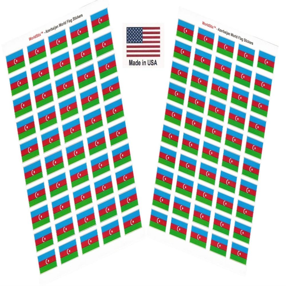 100 Azerbaijan Flag Stickers, Two Sheets of 50, 1.5" x 1" Made in America Self Adhesive Country Flag Scrapbook Stickers, Two Sheets of 50, 100 Sticker Decal Flags
