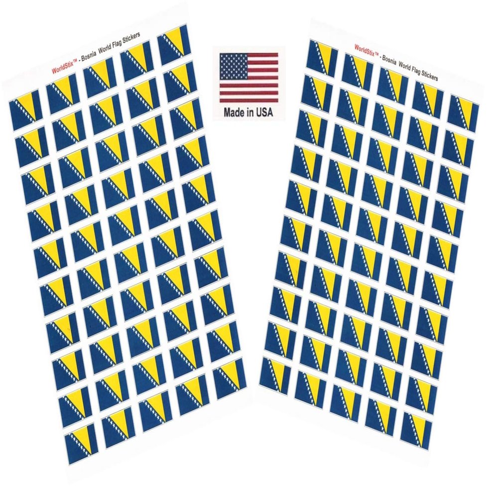 100 Bosnia Flag Stickers, Two Sheets of 50, 1.5" x 1" Made in America Self Adhesive Country Flag Scrapbook Stickers, Two Sheets of 50, 100 Sticker Decal Flags