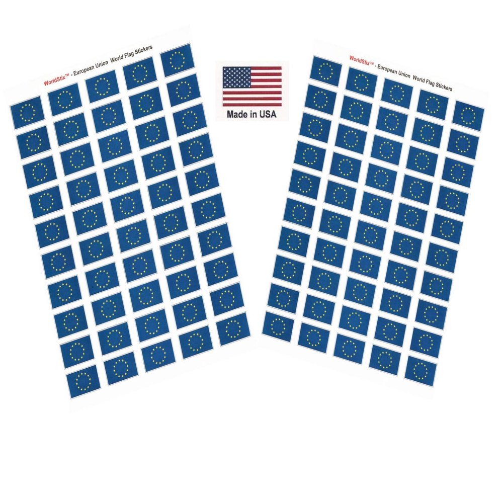 100 European Union Flag Stickers, Two Sheets of 50, 1.5" x 1" Made in America Self Adhesive Country Flag Scrapbook Stickers, Two Sheets of 50, 100 Sticker Decal Flags