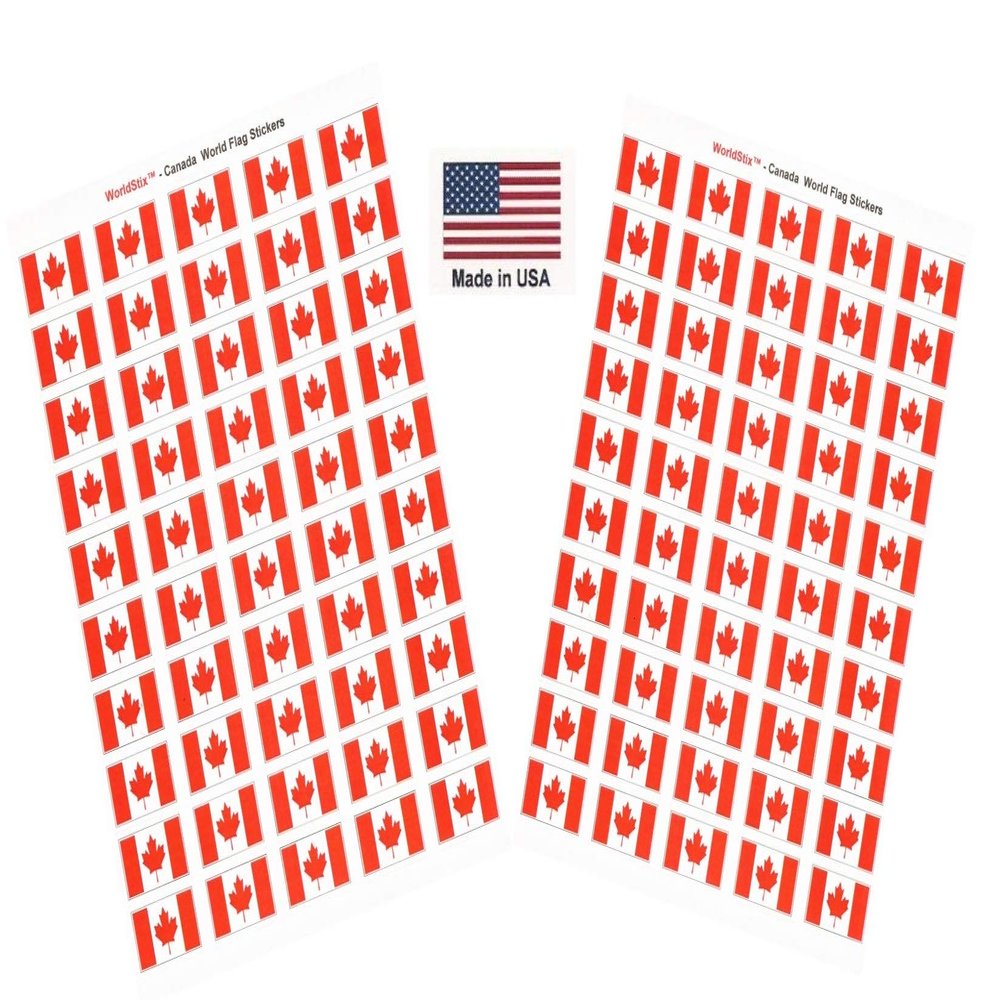 100 Canada Flag Stickers, Two Sheets of 50, 1.5" x 1" Made in America Self Adhesive Country Flag Scrapbook Stickers, Two Sheets of 50, 100 Sticker Decal Flags