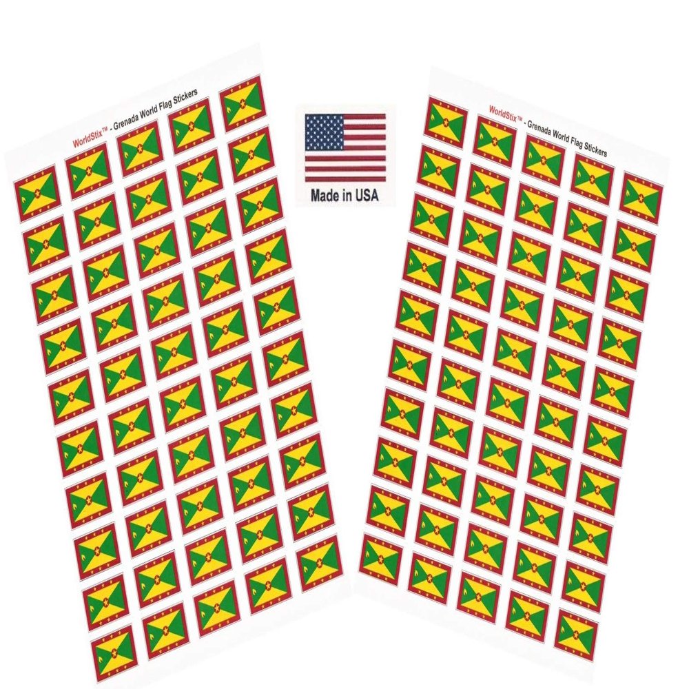 100 Grenada Flag Stickers, Two Sheets of 50, 1.5" x 1" Made in America Self Adhesive Country Flag Scrapbook Stickers, Two Sheets of 50, 100 Sticker Decal Flags
