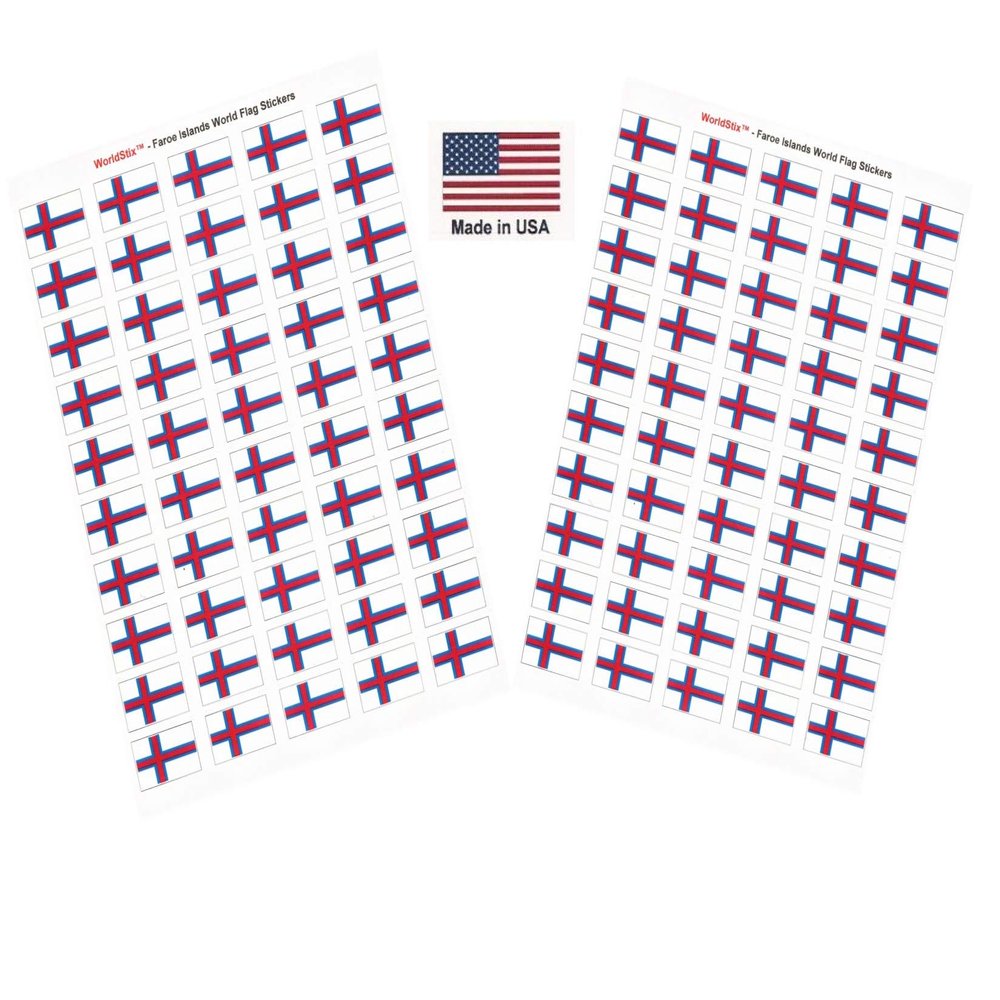 100 Faroe Islands Flag Stickers, Two Sheets of 50, 1.5" x 1" Made in America Self Adhesive Country Flag Scrapbook Stickers, Two Sheets of 50, 100 Sticker Decal Flags