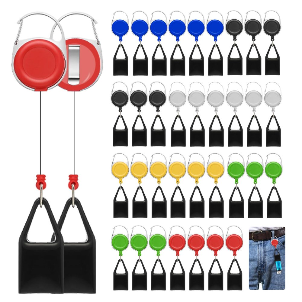 36-Piece Assorted Colour Retractable Leash Clip Keychain with Classic Lighter Cover and Single Clip for Convenience - White, Black, Red, Blue, Yellow, Green