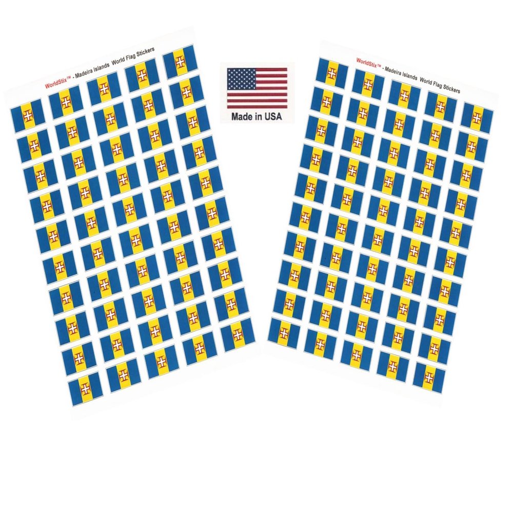 100 Madeira Island Flag Stickers, Two Sheets of 50, 1.5" x 1" Made in America Self Adhesive Country Flag Scrapbook Stickers, Two Sheets of 50, 100 Sticker Decal Flags