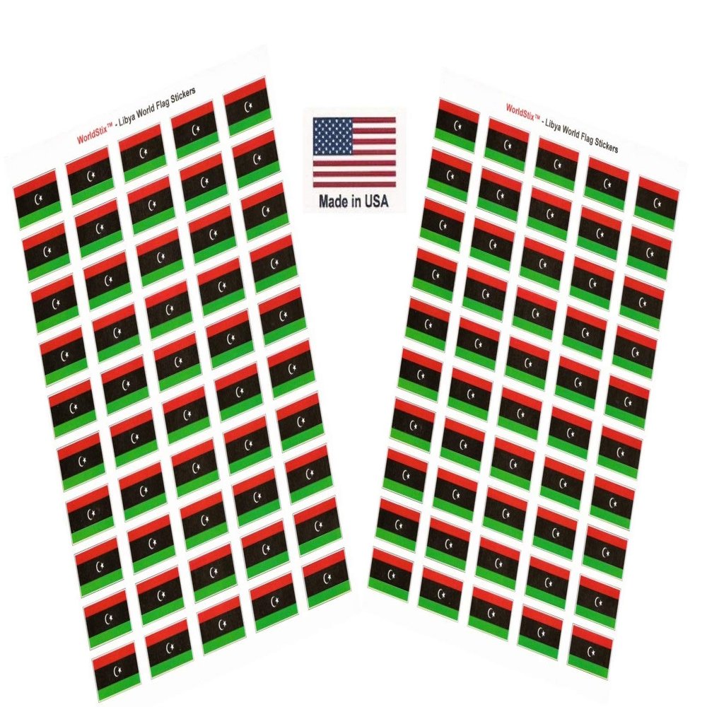 100 Libya Flag Stickers, Two Sheets of 50, 1.5" x 1" Made in America Self Adhesive Country Flag Scrapbook Stickers, Two Sheets of 50, 100 Sticker Decal Flags