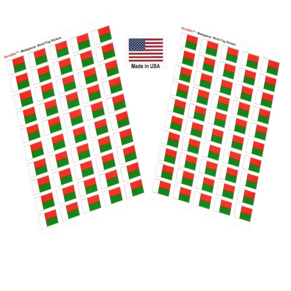 100 Madagascar Flag Stickers, Two Sheets of 50, 1.5" x 1" Made in America Self Adhesive Country Flag Scrapbook Stickers, Two Sheets of 50, 100 Sticker Decal Flags