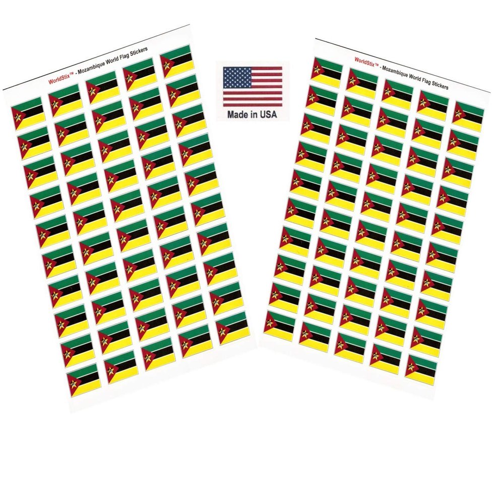 100 Mozambique Flag Stickers, Two Sheets of 50, 1.5" x 1" Made in America Self Adhesive Country Flag Scrapbook Stickers, Two Sheets of 50, 100 Sticker Decal Flags