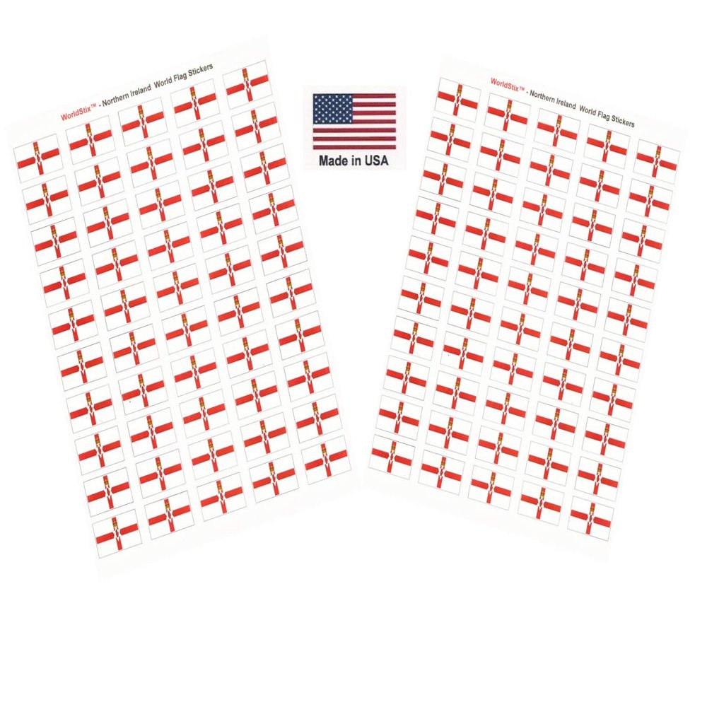100 Norlthern Ireland Flag Stickers, Two Sheets of 50, 1.5" x 1" Made in America Self Adhesive Country Flag Scrapbook Stickers, Two Sheets of 50, 100 Sticker Decal Flags