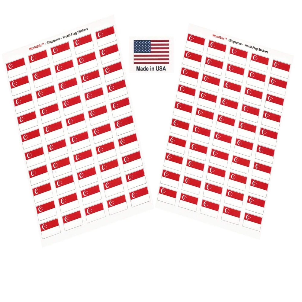 100 Singapore Flag Stickers, Two Sheets of 50, 1.5" x 1" Made in America Self Adhesive Country Flag Scrapbook Stickers, Two Sheets of 50, 100 Sticker Decal Flags
