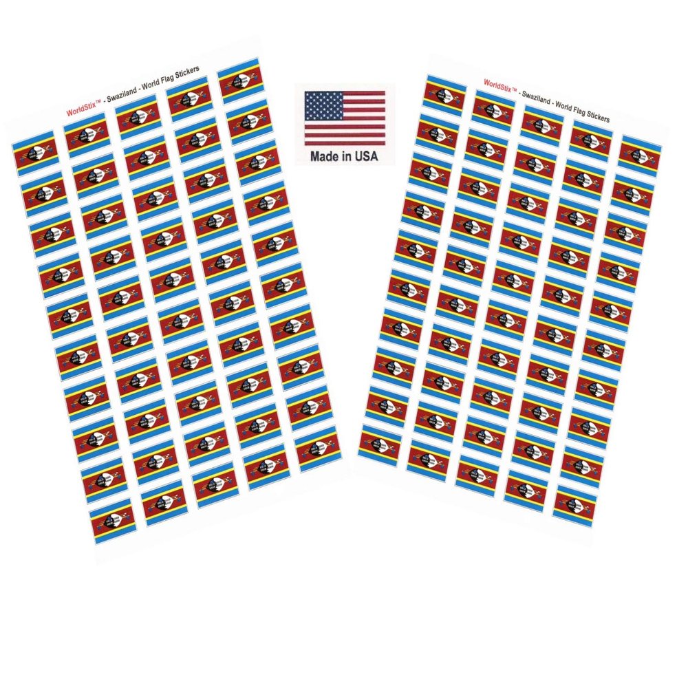 100 Swaziland Flag Stickers, Two Sheets of 50, 1.5" x 1" Made in America Self Adhesive Country Flag Scrapbook Stickers, Two Sheets of 50, 100 Sticker Decal Flags