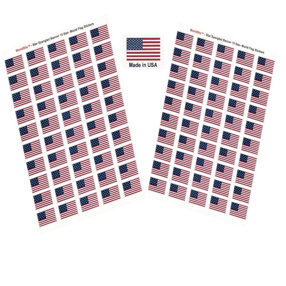100 Star Spangled Banner Flag Stickers, Two Sheets of 50, 1.5" x 1" Made in America Self Adhesive Country Flag Scrapbook Stickers, Two Sheets of 50, 100 Sticker Decal Flags