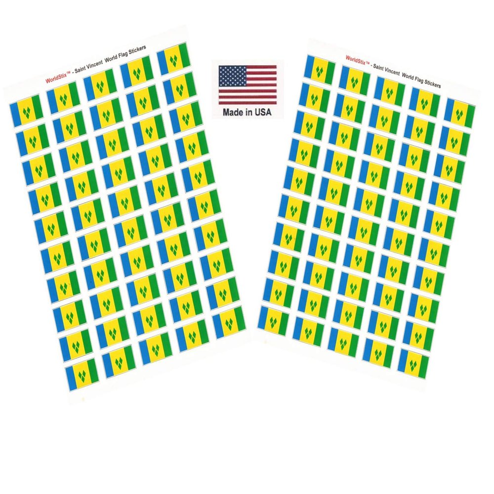 100 St Vincent Flag Stickers, Two Sheets of 50, 1.5" x 1" Made in America Self Adhesive Country Flag Scrapbook Stickers, Two Sheets of 50, 100 Sticker Decal Flags