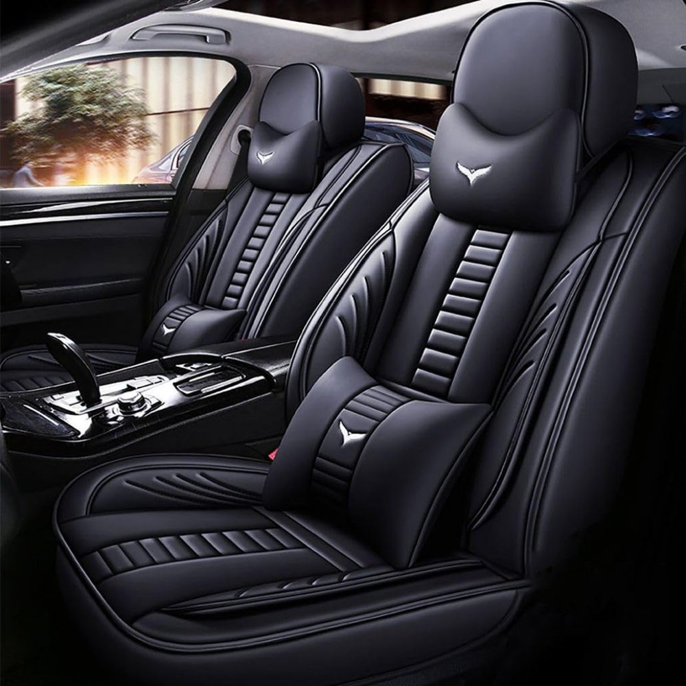 Niscarda for Honda Civic Front Seat Covers 2007, Universal Fit Anti-Slip Seat Protector with 2 * Headrest & 2 * Back Pillow (Black, Front Pair)