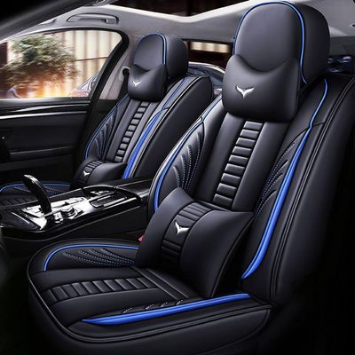 Niscarda for Chevy Malibu Seat Covers 2009, 3D Protection Faux Leather Seat Protector Car Interior Covers with 2 * Neck Pillow & 2 * Lumbar Support (Black and Blue, Full Set)