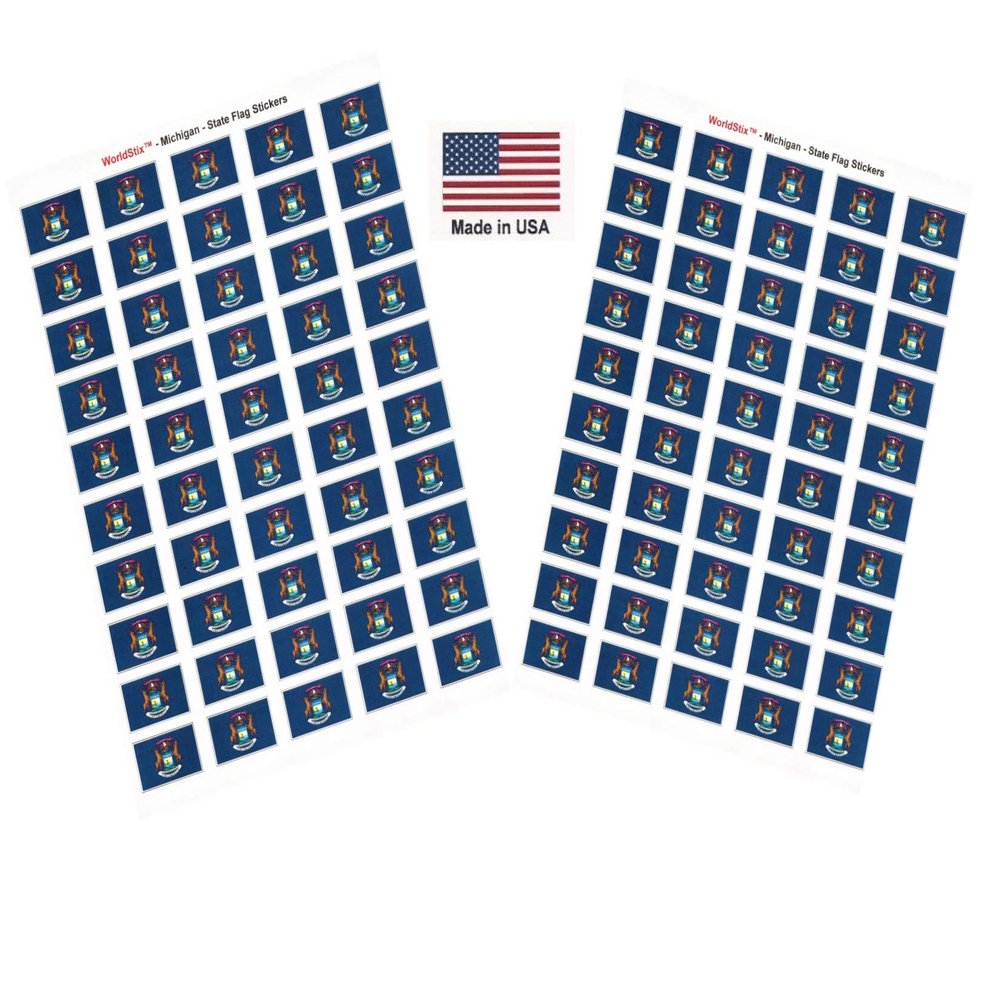 100 Michigan Flag Stickers; 1.5" x 1" Made in America Self Adhesive State Flag Scrapbook Stickers, Two Sheets of 50, 100 Sticker Decal Flags