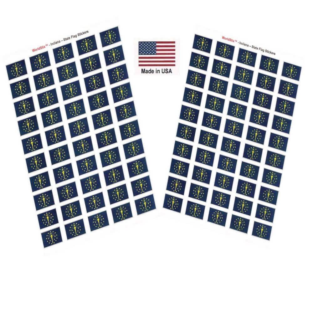 100 Indiana Flag Stickers; 1.5" x 1" Made in America Self Adhesive State Flag Scrapbook Stickers, Two Sheets of 50, 100 Sticker Decal Flags