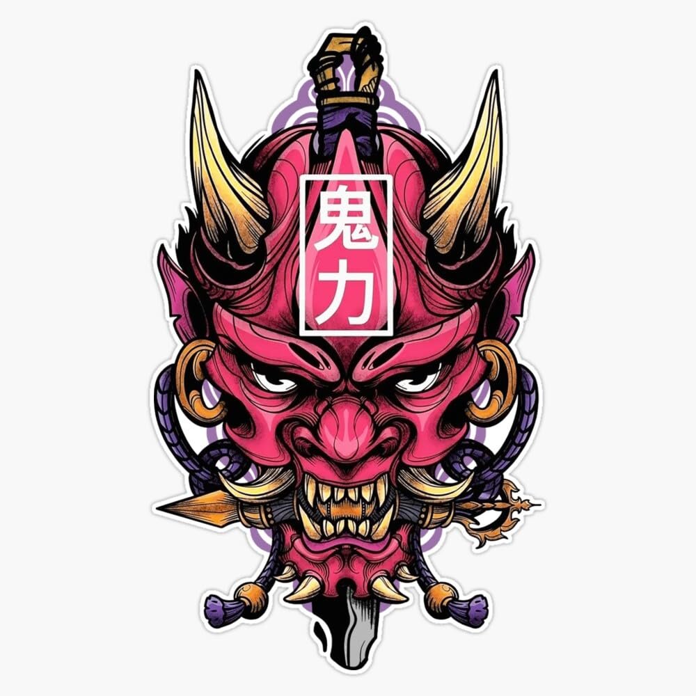 Oni Samurai Hannya Japanese Evil Mask Sticker Vinyl Waterproof Sticker Decal Car Laptop Wall Window Bumper Sticker 5"