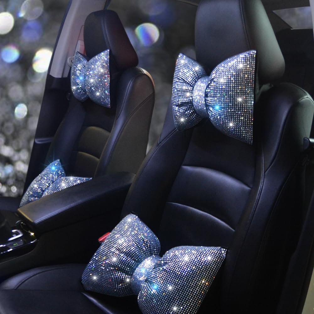 Pirador Car Neck Pillows Bowknot Car Headrest Cushion Crystal Rhinestone Diamond Bling Accessories for Women Driving Comfort Neck Support Pillow White 2Pcs