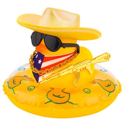 wonuu Car Rubber Duck Party Decoration, Sparkly Glitter Space Cowboy hat Duck Car Dashboard Accessories with Mini Swim Ring Scarf and Sunglasses, H_Yellow Holographic hat Vertical Scarf