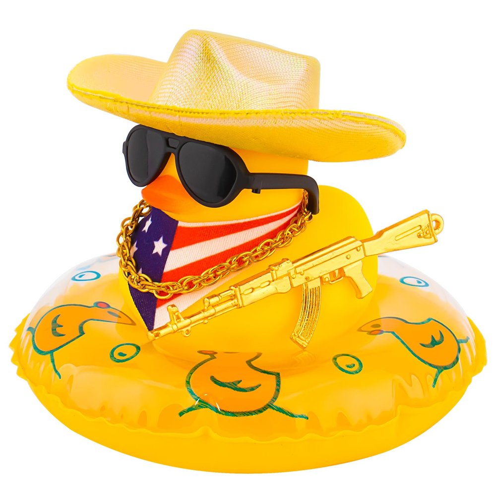 wonuu Car Rubber Duck Party Decoration, Sparkly Glitter Space Cowboy hat Duck Car Dashboard Accessories with Mini Swim Ring Scarf and Sunglasses, H_Yellow Holographic hat Vertical Scarf