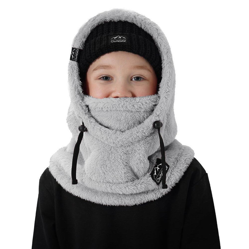 OWNGIGI Balaclava Ski Mask for Kids, Winter Windproof Face Mask for Cold Weather, Fleece Hooded Scarf Head Cover Neck Warmer Grey