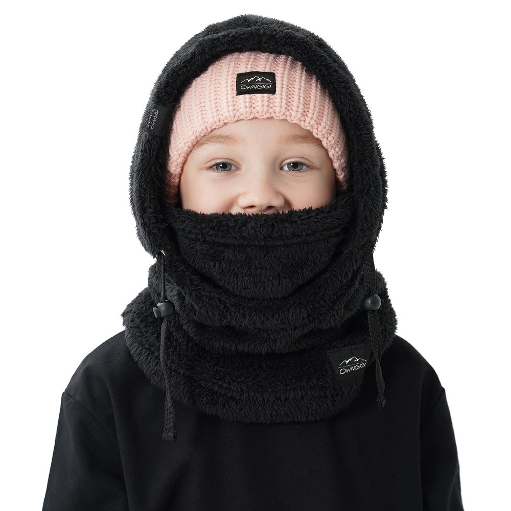 OWNGIGI Balaclava Ski Mask for Kids, Winter Windproof Face Mask for Cold Weather, Fleece Hooded Scarf Head Cover Neck Warmer Black