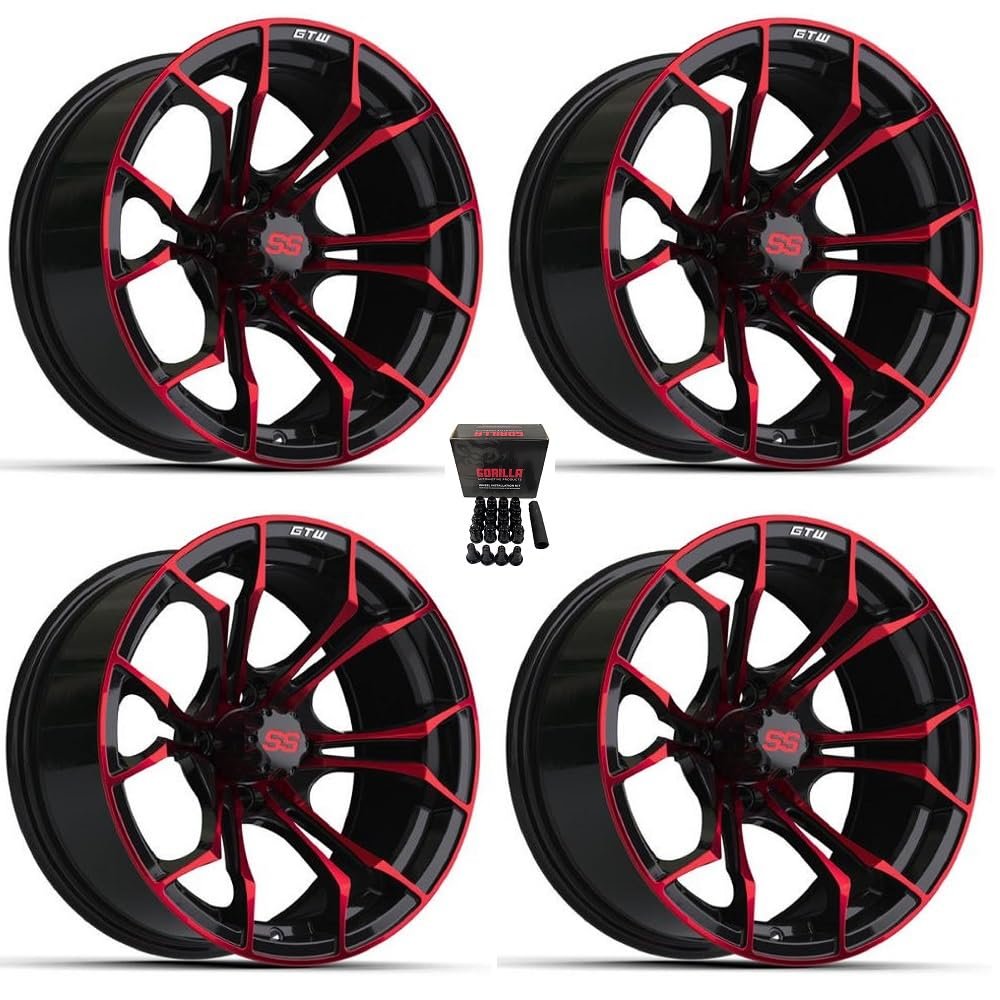 GTW Spyder 15" Golf Cart Wheels/Rims Black/Red (3+4) E-Z-GO & Club Car