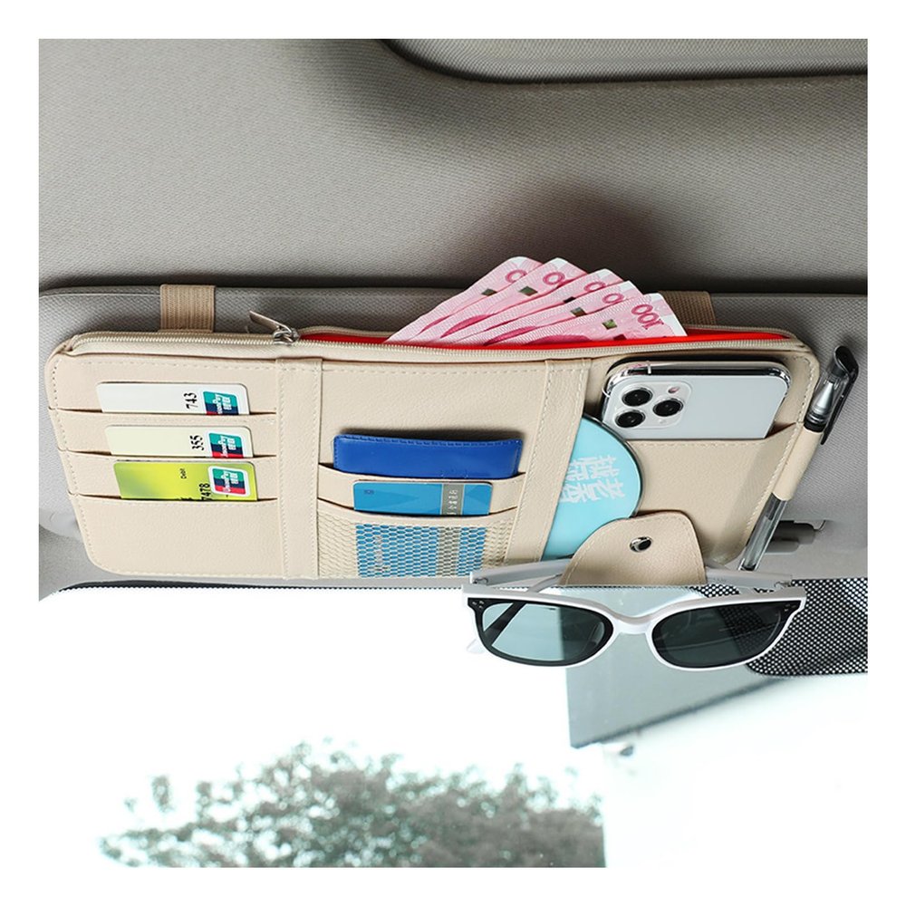 Augeny Car Sun Visor Organizer, Leather Personal Belonging Storage Pouch with Zipper, Car Visor Storage Pouch Sunglasses Holder, Auto Interior Accessories Pocket Organizers (Beige)