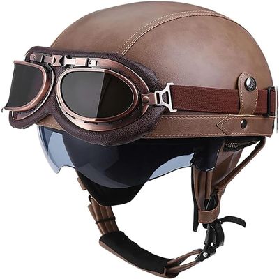 YMKJGZS German Style Retro Half Helmet Motorcycle Leather HelmetDOT/ECE Certified Open-Face Helmet Fit for Cruiser Moped Scooter ATV Adult Men Women Street Jet Helmet with Goggles (10,L)