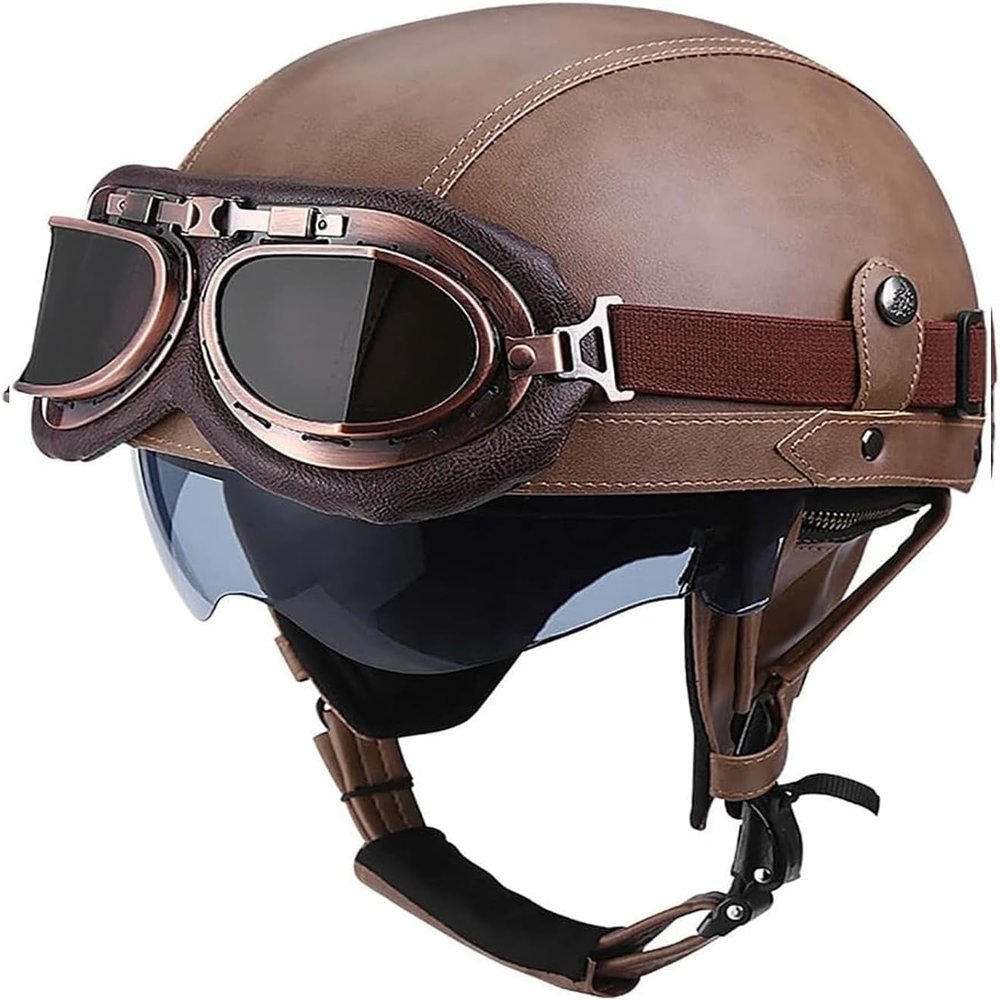 YMKJGZS German Style Retro Half Helmet Motorcycle Leather HelmetDOT/ECE Certified Open-Face Helmet Fit for Cruiser Moped Scooter ATV Adult Men Women Street Jet Helmet with Goggles (10,L)