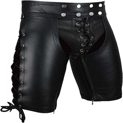 Men's Real Genuine Cowhide Leather Shorts Gay Chaps Leather Chap American (Black, 40)