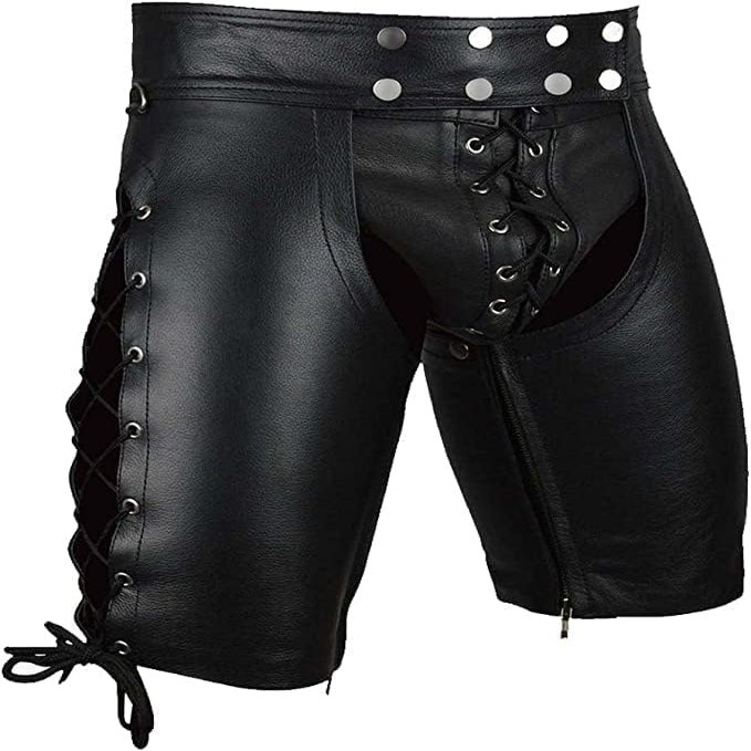 Men's Real Genuine Cowhide Leather Shorts Gay Chaps Leather Chap American (Black, 40)