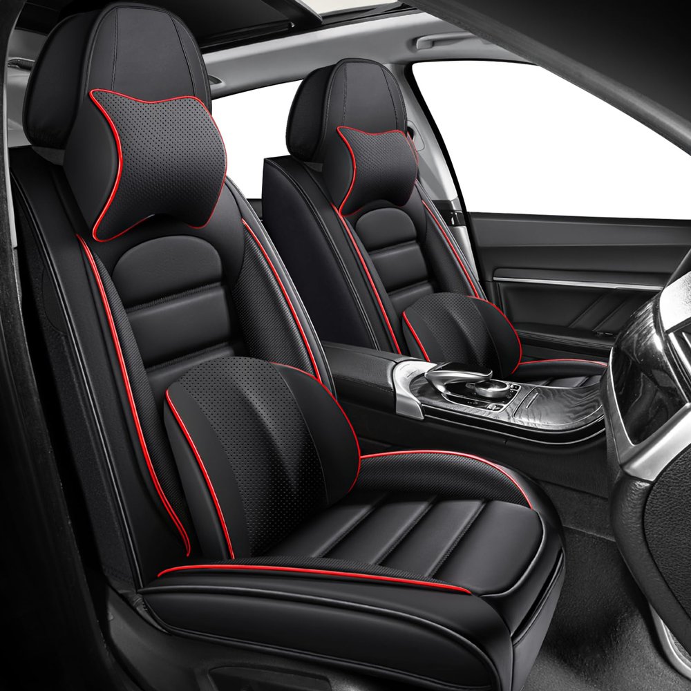 ILMO Seat Covers Fit for RAM 2500 2012-2026, Waterproof Nappa Leather Truck Seat Protectors with Soft Touch, Compatible Airbag Auto Interior Covers (Black&Red, 2 Front Seat Luxury)