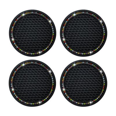 Dickno 4 PCS Bling Car Cup Coaster, 2.75 Inch Crystal Rhinestone Auto Cup Holder Insert Coaster, Anti-Slip Durable Car Drink Cup Mat, Universal Vehicle Interior Decor Accessories (Black & Colorful)