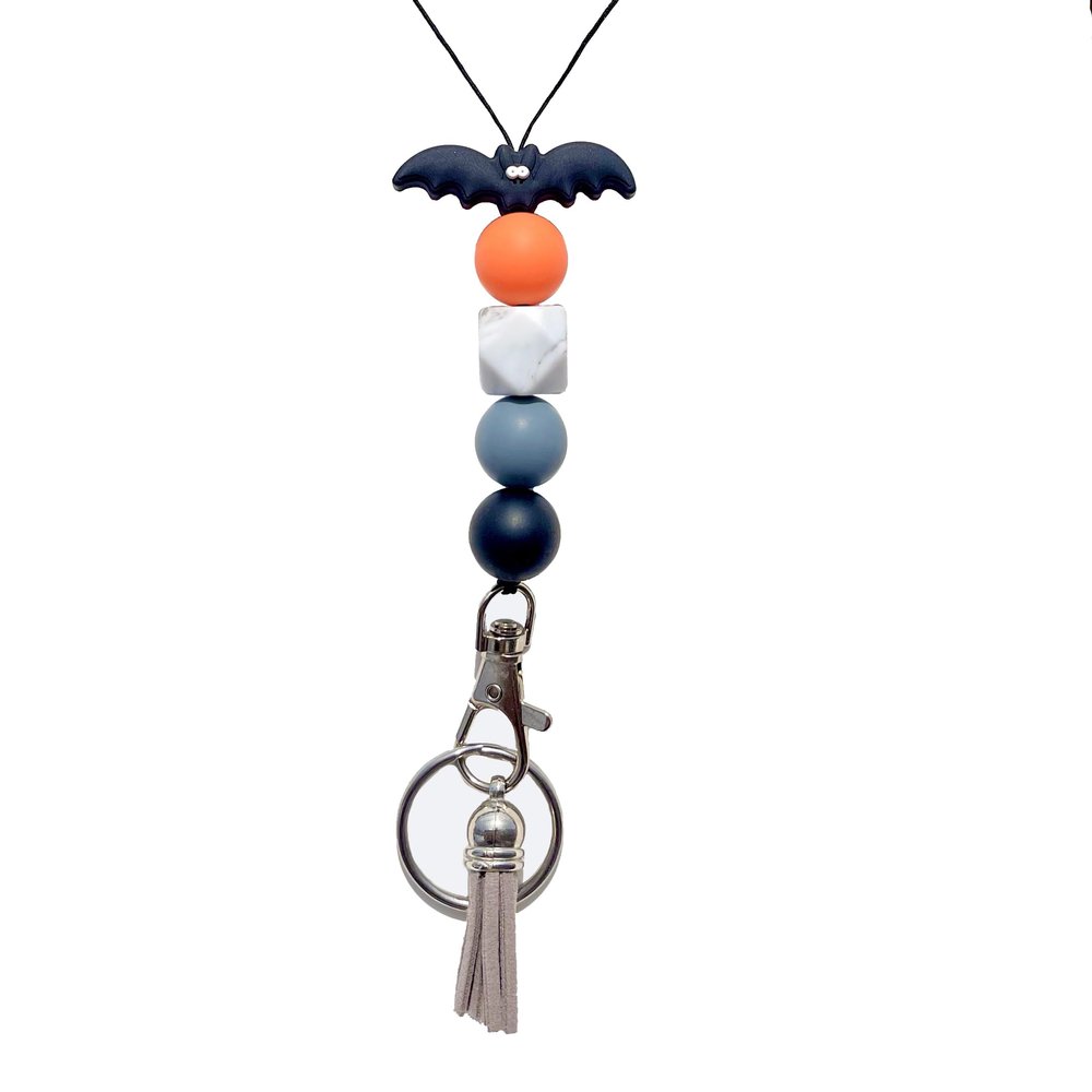 Magik Custom Halloween Nurse Teacher Lanyard for Keys ID Badge Name Necklace Chain Wooden Silicone Beaded Personalized (spooky bat)