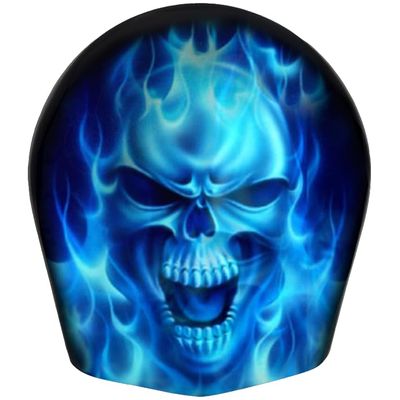 American Freedom Custom Aluminum Cowbell Horn Cover for Harley Davidson - Blue Flame Skull (Matte Finish, 1993-2017 Softail & Dyna Models)