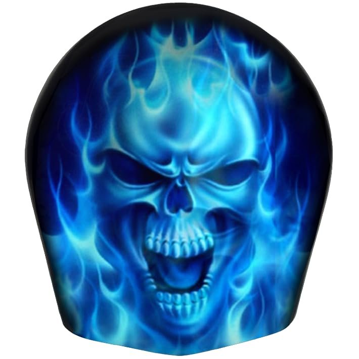 American Freedom Custom Aluminum Cowbell Horn Cover for Harley Davidson - Blue Flame Skull (Matte Finish, 1993-2017 Softail & Dyna Models)