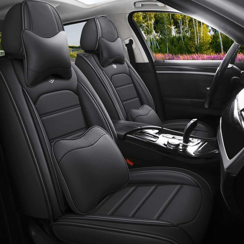LEYPOCO Leather Seat Cover for Jaguar F-PACE 2017-2023,Waterproof Soft Seat Covers,Interior Accessories Seat Covers Cushion Vehicle Protector Airbag Compatible(Classic Black,Full Set with Pillow)
