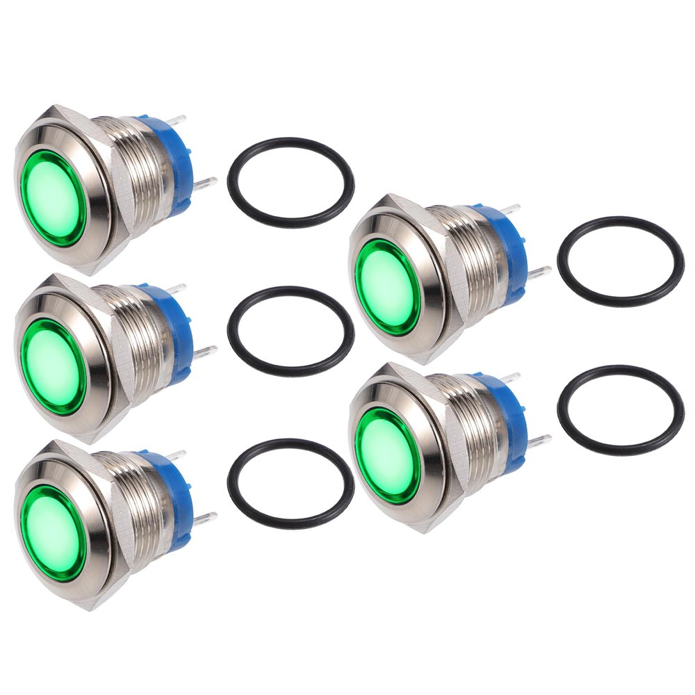 X AUTOHAUX 5 Pcs LED Indicator Light 16mm 12V AC DC Metal Shell Waterproof Pilot Dash Signal Lamp for Car Truck Boat Internal Green