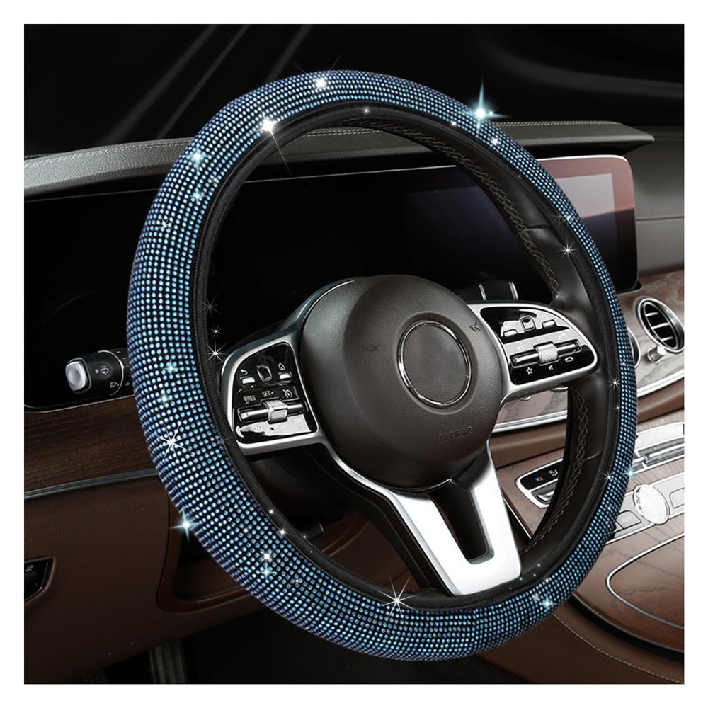 Dickno Bling Steering Wheel Cover, 15 Inch Crystal Diamond Car Steering Wheel Protector for Women Girls, Sparkling Anti-Slip Steering Wheel Decor Accessories for Most Vehicles (Light Blue)