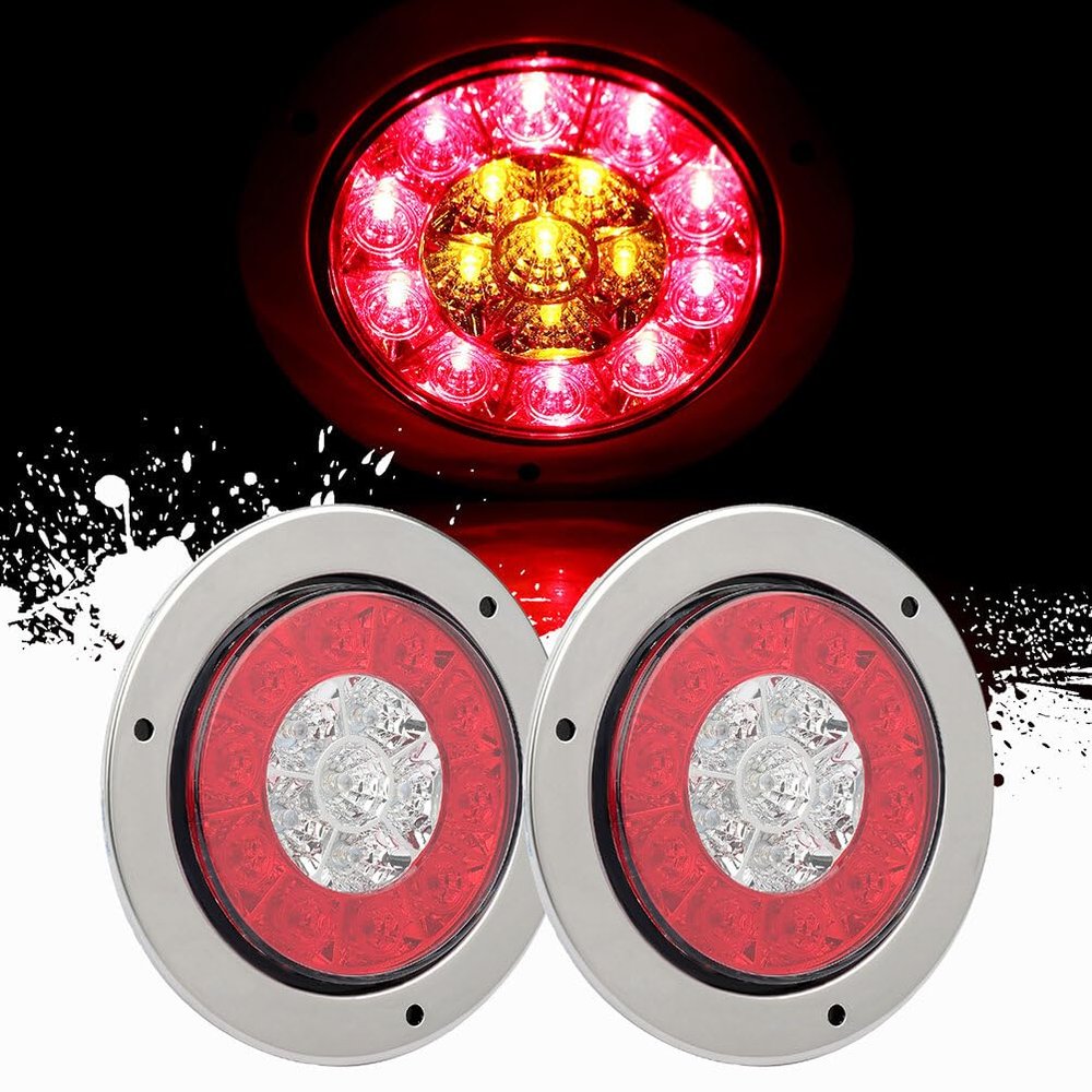 LBRST 2x 4" Round 24 LED Trailer Tail Light Stop Turn Signal Brake Marker Clearance Running Lights w/Chrome Bezels for Truck Trailer RV Jeep UTE UTV