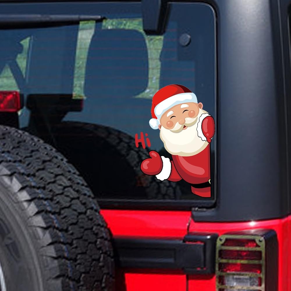 Leniutor Christmas Window Sticker, Cute Santa Claus Reindeer Snowman Say Hi Window Decals for Car Window Bumper Stickers Christmas Decorations (Right-Say Hi Santa Claus-3, 1)