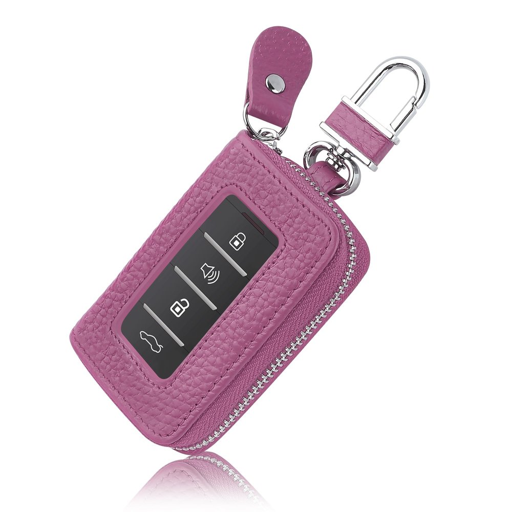 Car Key Fob Case for Replacing Old Key Fob Cover,Genuine Leather Car Key Case Holder with Keys Ring & Keychain (Purple)