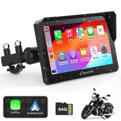 Carpuride W702 for Motorcycle, 7 inch Waterproof Touchscreen, Portable Apple Carplay/Android Auto GPS Navigation for Motorbike, Support Dual Bluetooth, Car GPS, Siri, Google Assistant, TF-64G
