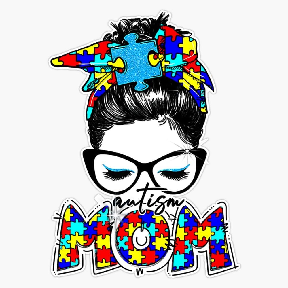 Autism Awareness Cute Puzzle Messy Bun Mom Awareness Sticker Vinyl Decal Car Laptop Wall Window Bumper Sticker 5"
