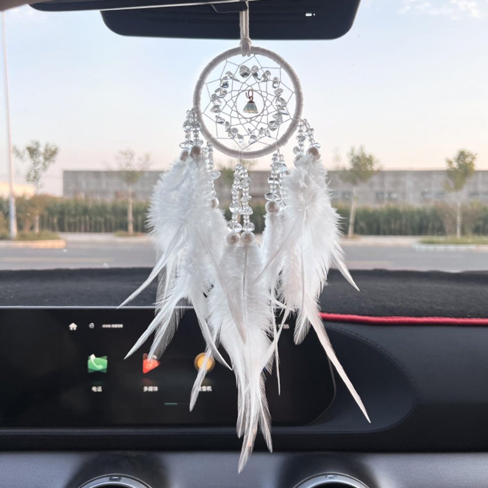 COWRC Women's car Interior Accessories, Hand-Woven Dream Catcher car Crystal Stone Feather Pendant, Women's car Accessories, Creative Interior Rearview Mirror Decoration, Feather car Pendant (White)