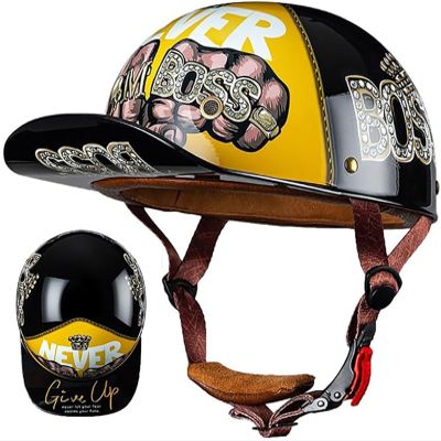 Baseball Cap Motorcycle Half Helmet, DOT Approve Adult Men Women Half Shell Helmet Retro Motorcycle Open Face Helmet, for Scooter Moped Cruiser Chopper 4,L