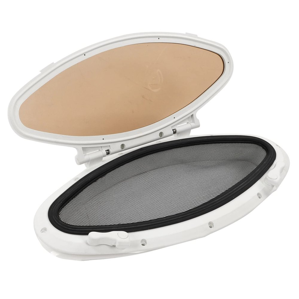 Boat Portlight, Good Sealing Heavy Duty Internal Opening Elliptical Hatch Porthole Window 470x210mm with Screen for Yacht