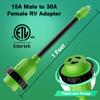 RV Adapter Plug 30 Amp to 15 Amp 110 Volt Cord with Locking Connector, 15A Male to 30A Female Dogbone RV Trailer Camper, NEMA 5-15P to L5-30R, STW, 10AWG, Heavy Duty Electrical Power, 12in, 1ft, Green view 3